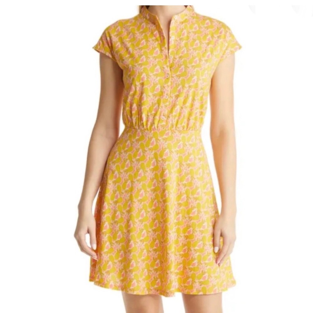 Boden Yellow Pink Pineapple Print Jersey Shirt Dress US 20/22R Cap Sleeve Mini